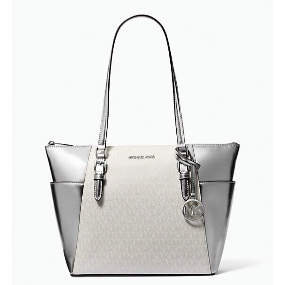 New Michael Kors Charlotte Large Signature Logo and Metallic Tote Bag Silver